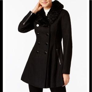 GUESS Faux-Fur-Collar Double Breasted Skirted Coat